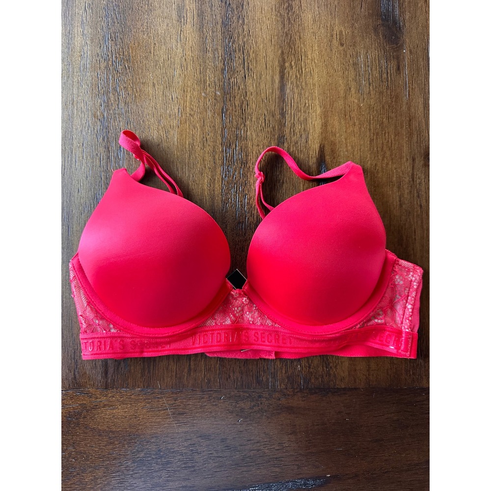 Victorias Secret Bombshell Push-Up Bra Red Lace Logo Band 34A 2 Cup Add